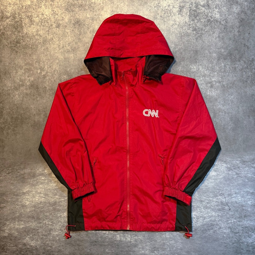 Vintage Cheneral CNN News Jacket Mens XS Red Black Hooded Windbreaker Promo Up